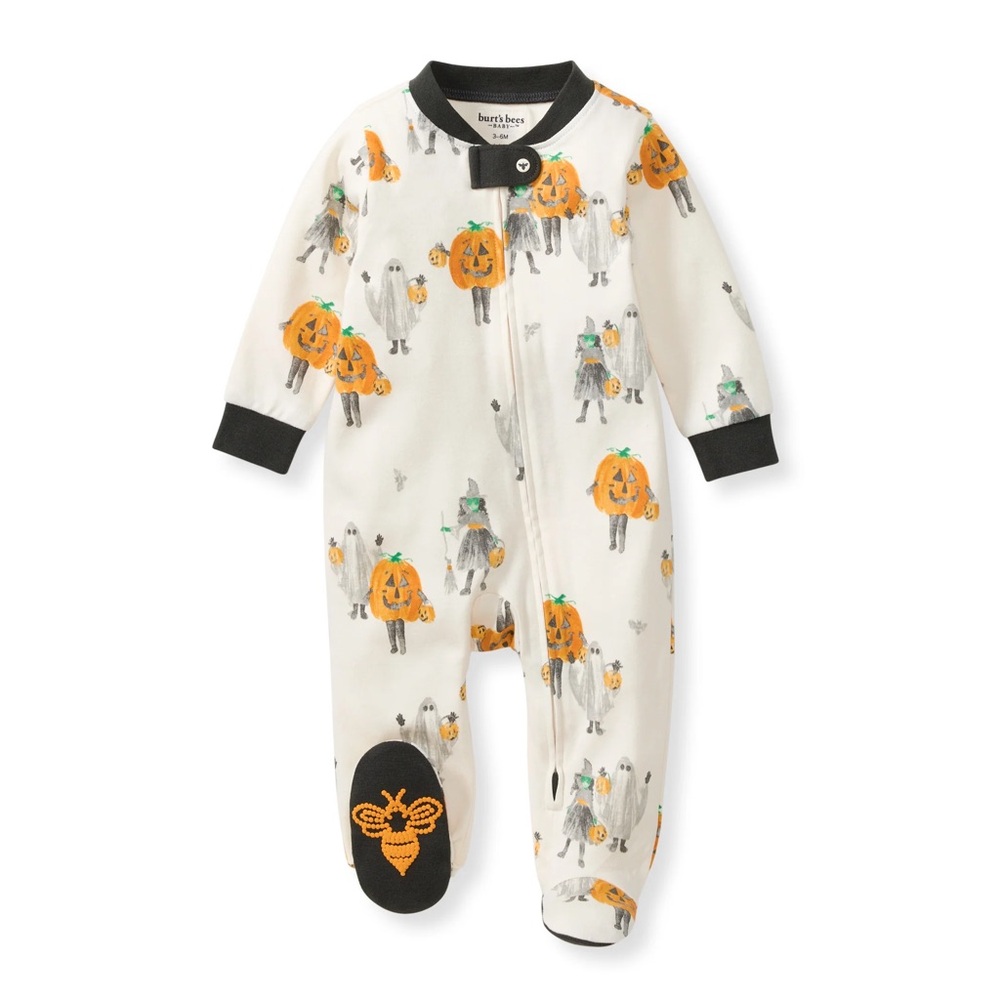 Burt’s Bees Baby Halloween Pumpkin 2-Way Zip Footed Pajamas 3-6M Organic Cotton